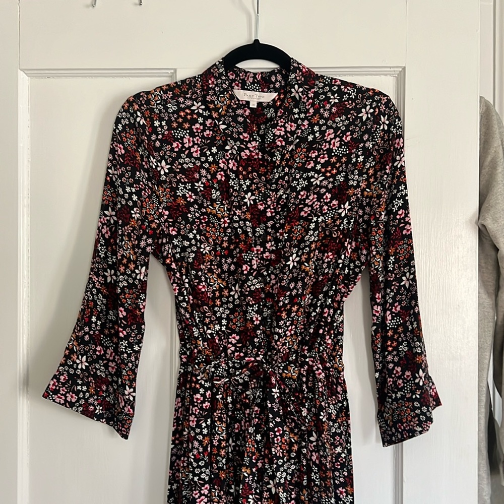 PART TWO Midi Button-Down, Waist-Tie, Black Floral Dress, Size 36
